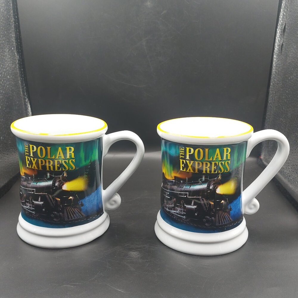 2 PE Polar Express Train Ceramic Warner Bros Embossed 3D Coffee Mugs Christmas